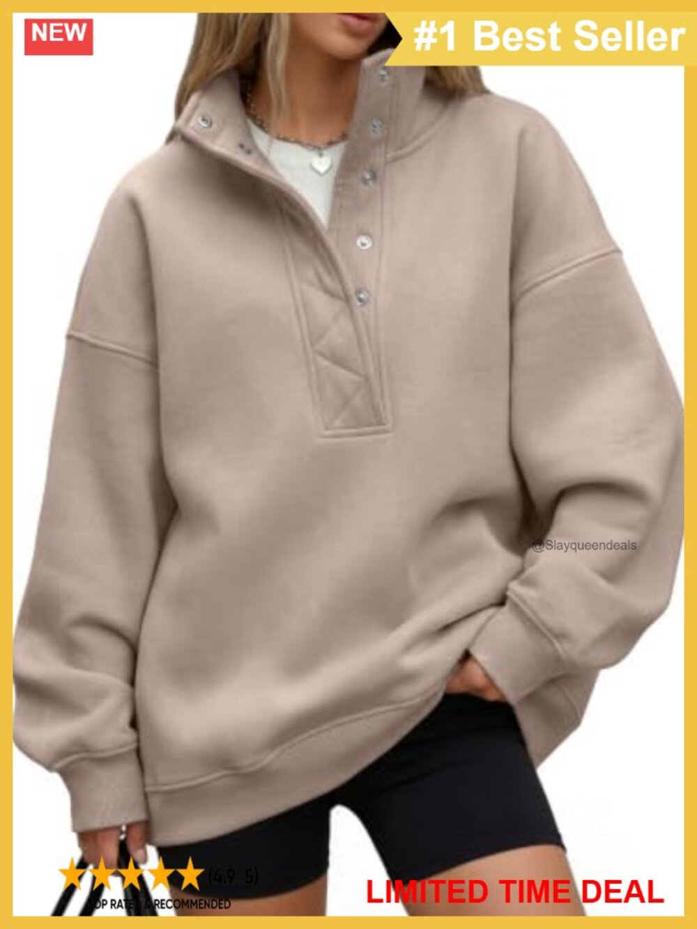 Oversized Snap Button Henley Sweatshirt Cozy Pullover